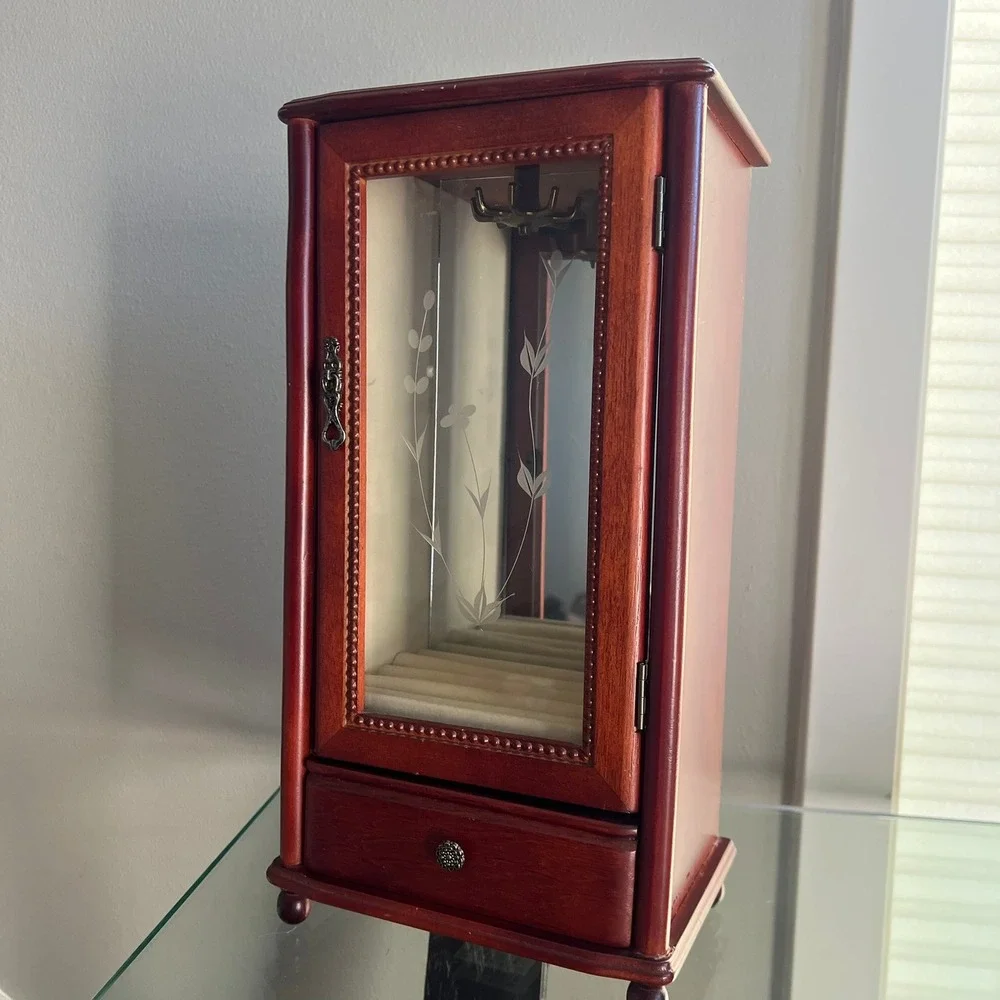 Vintage Style Wooden Jewelry Box‎ Etched Glass Door Drawer Organizer